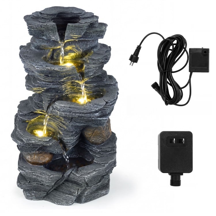 Outdoor Water Fountain with LED Lights and Pump 5-Tier Tabletop Cascading Rock Waterfall Feature