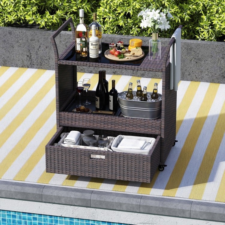 Outdoor Wicker Bar Cart Table with Tempered Glass Top