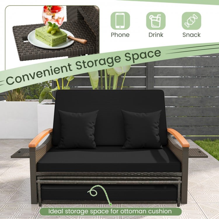 Outdoor Wicker Daybed with Folding Panels and Storage Ottoman-Black