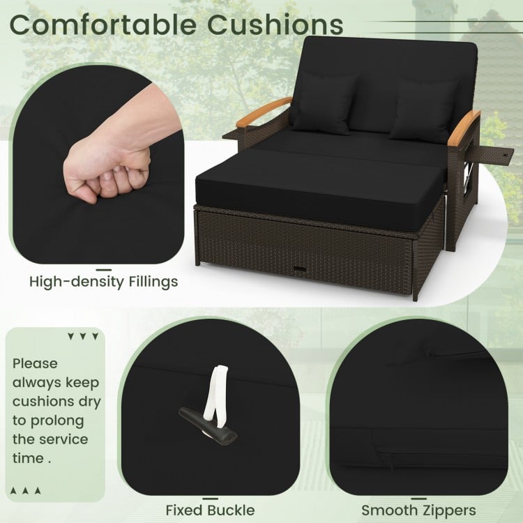 Outdoor Wicker Daybed with Folding Panels and Storage Ottoman-Black