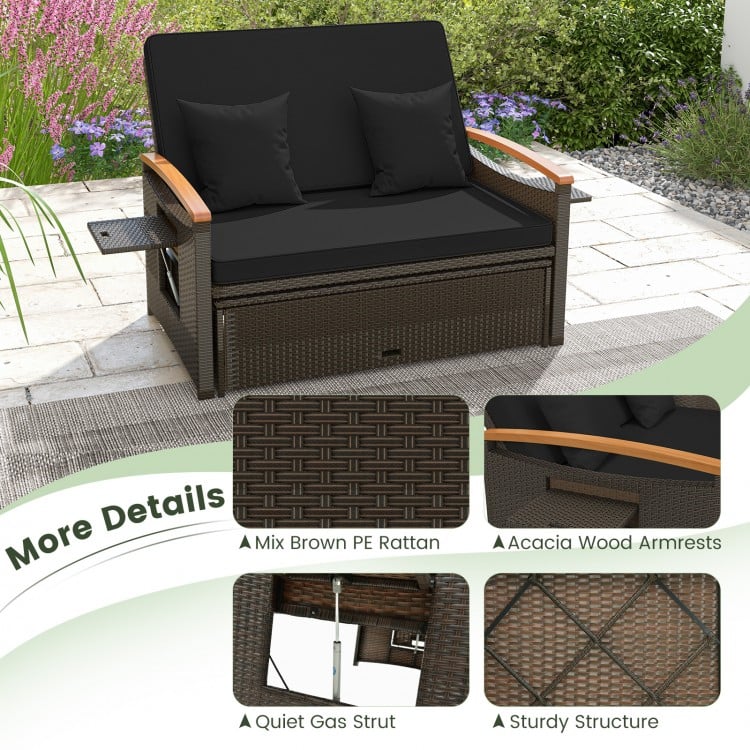Outdoor Wicker Daybed with Folding Panels and Storage Ottoman-Black