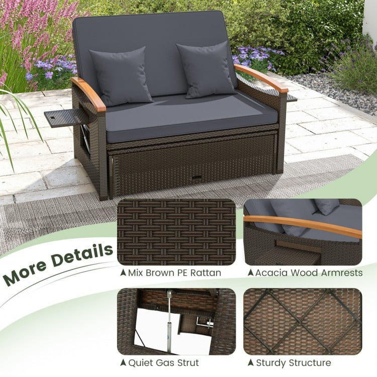Outdoor Wicker Daybed with Folding Panels and Storage Ottoman-Gray