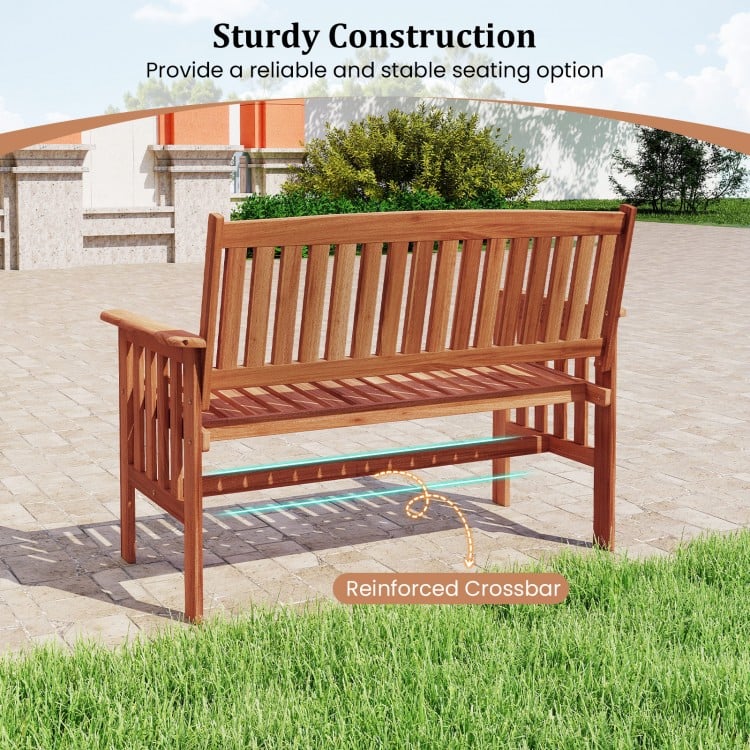 Outdoor Wood Garden Bench 2-Person Patio Park Bench with Backrest Armrests and Slatted Seat