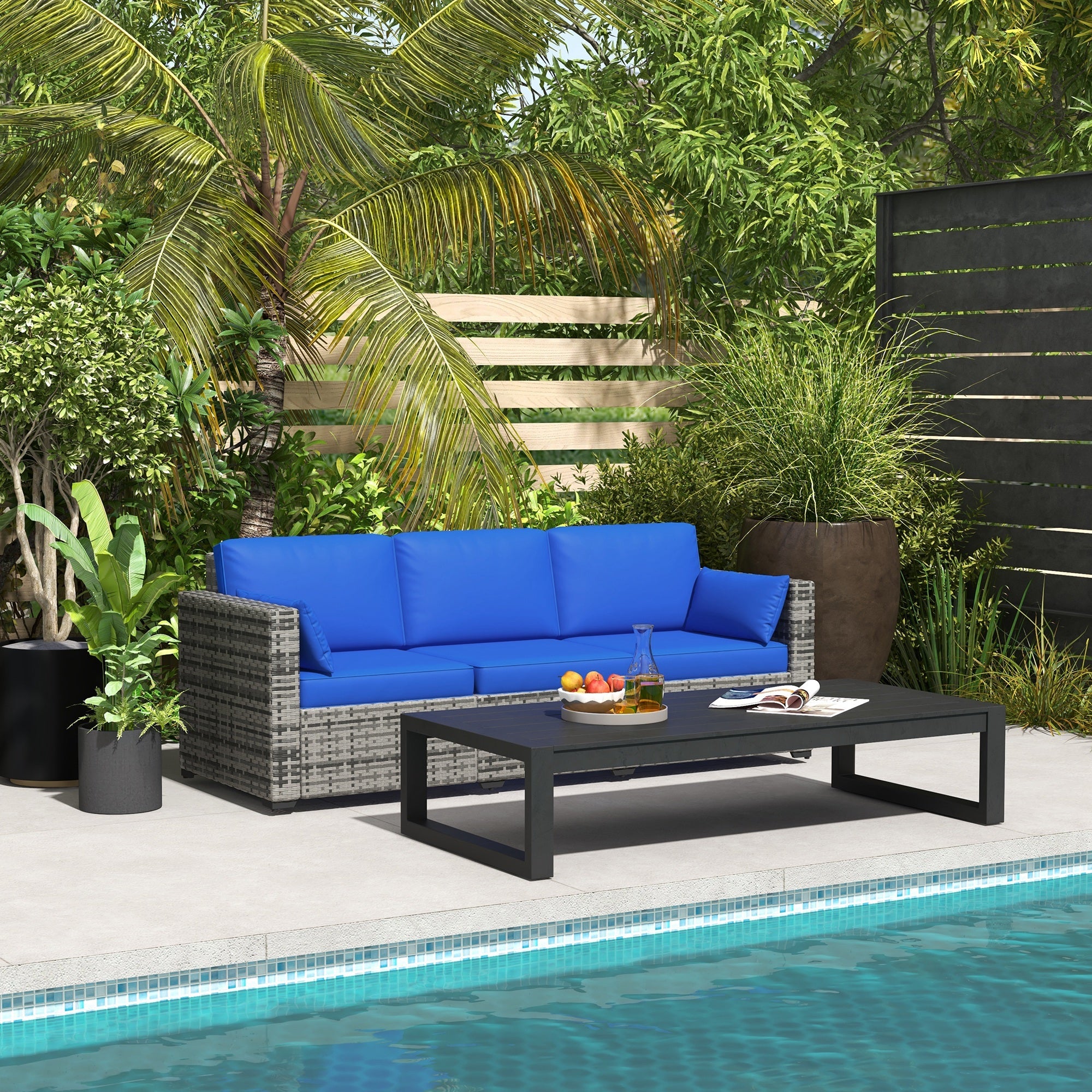 Outsunny 3-Seater Sofa with Cushions - Blue PE Rattan Patio Couch, Conversation Set with Pillows for Garden, Conservatory