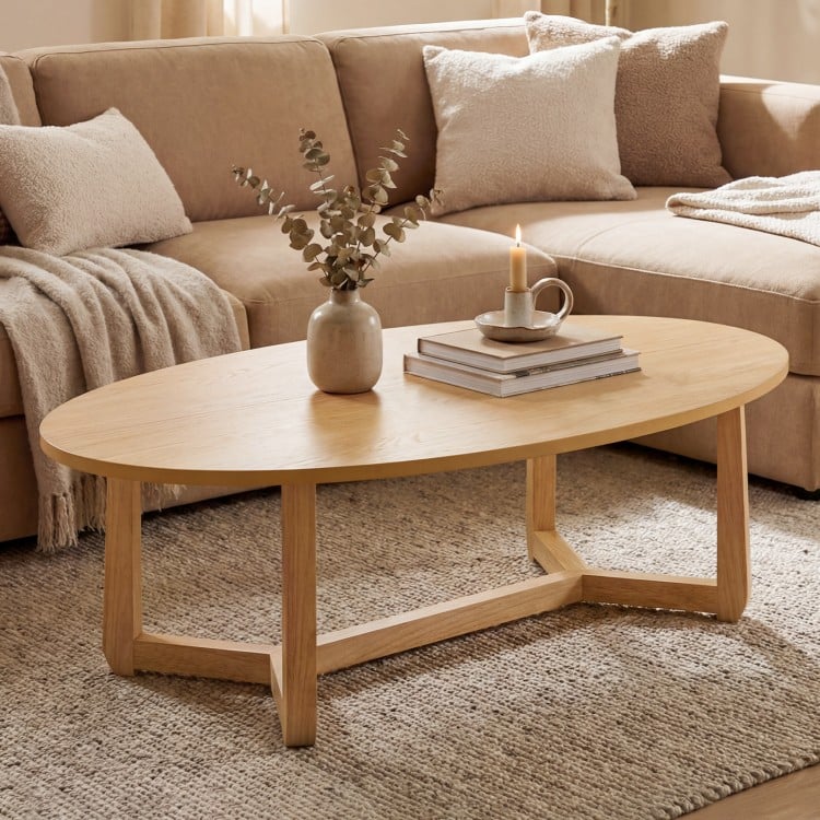 Oval Coffee Table 46 Inches Wooden Accent Table with Thickened Top-Natural