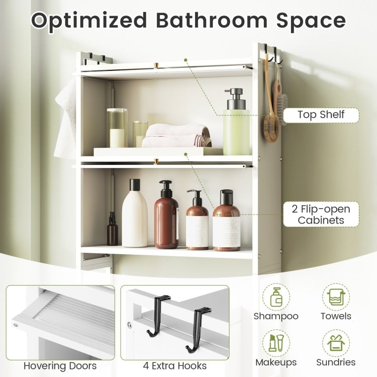 Over-the-toilet Cabinet Bathroom Organizer with 2 Flip-up Cabinets-White