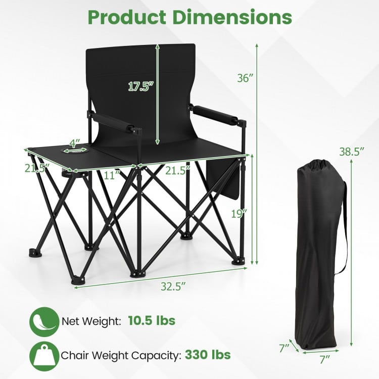 Oversized Camping Chair with Side Table and 2 Storage Pockets-Black