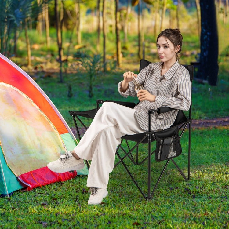 Oversized Camping Chair with Side Table and 2 Storage Pockets-Black