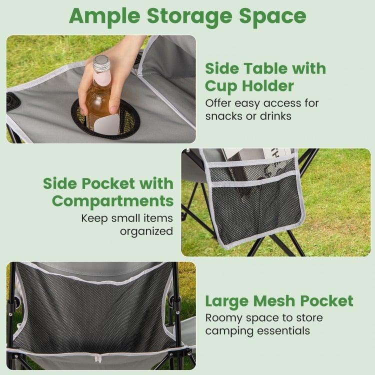 Oversized Camping Chair with Side Table and 2 Storage Pockets-Gray