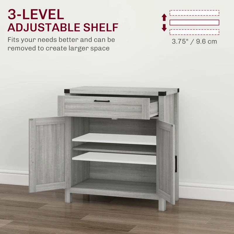 Farmhouse Kitchen Storage Cabinet, Sideboard Buffet Cabinet with 2 Rustic Barn Doors and Drawer, Grey