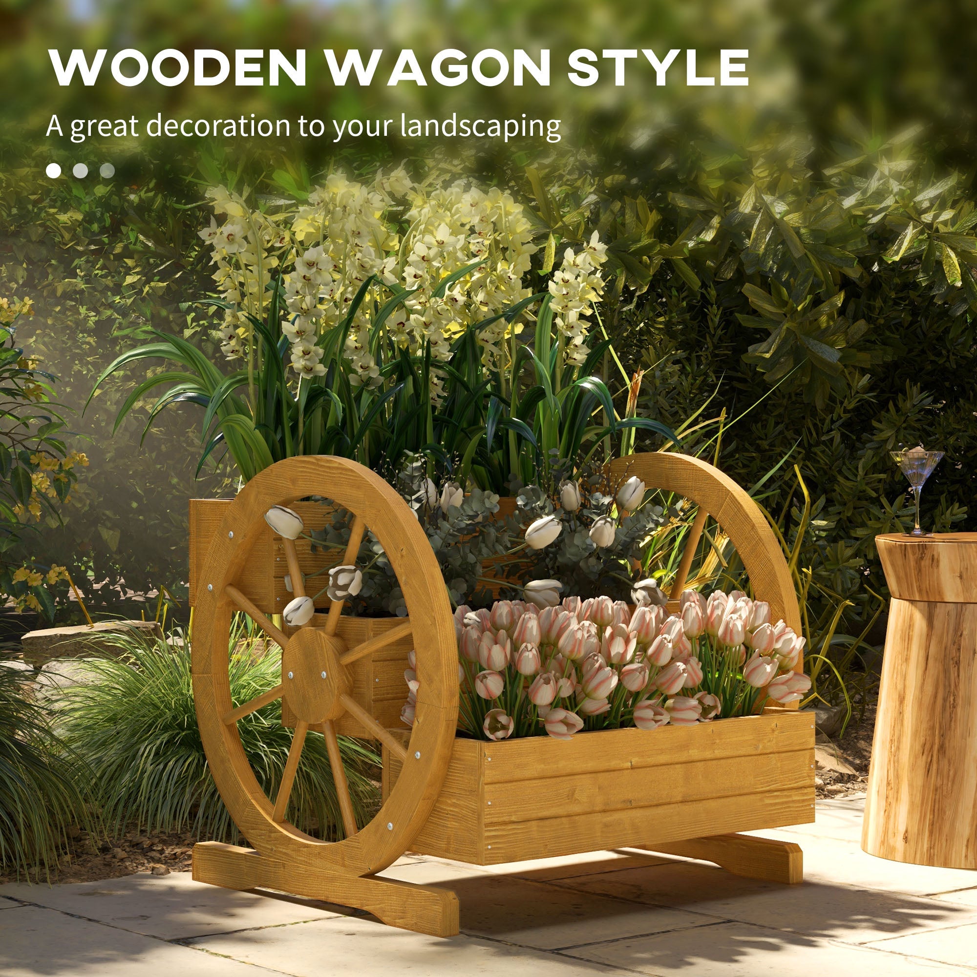 Outsunny 3-Tier Wooden Wagon Planter Box Raised Garden Bed for Vegetables Flowers Herbs 24"x24"x22"