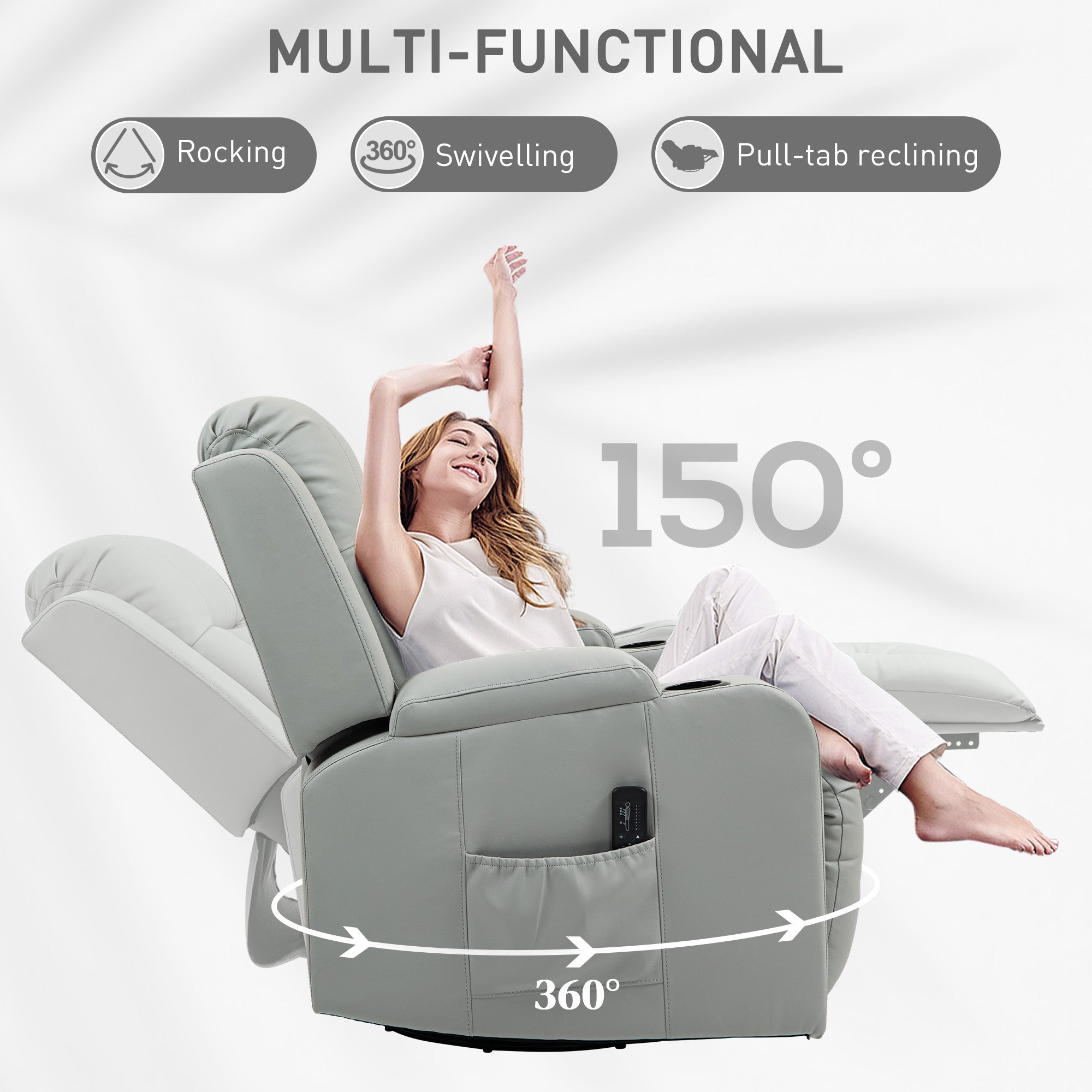 HOMCOM Recliner Chair with 8 Vibration, Overstuffed PU Leather Reclining Chair with Wide Seat, Cup Holders, Rocking, Light Grey