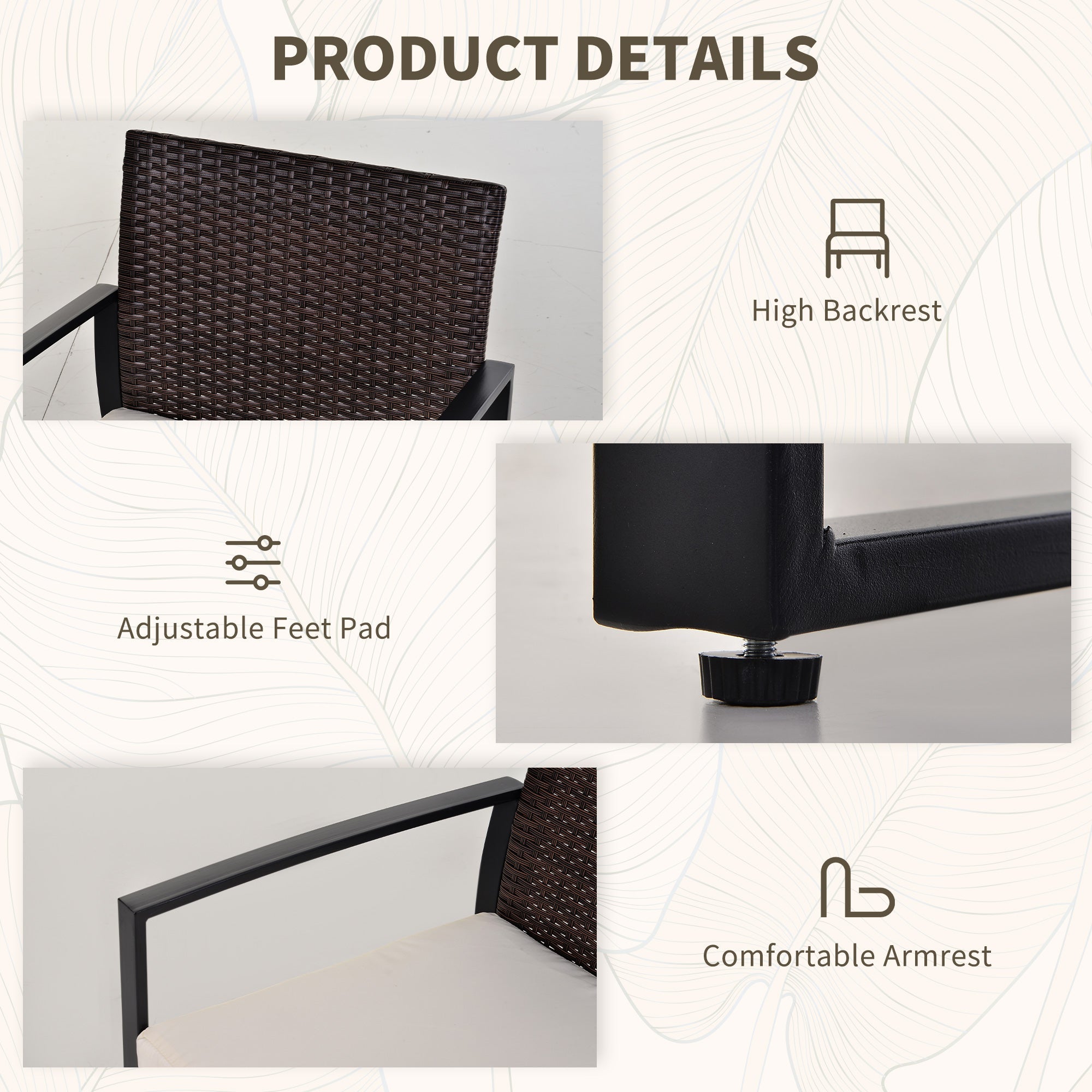 Outsunny 3PC Patio Bistro Set - Rattan Garden Furniture with Cushioned Chairs & Tea Table, Brown/White