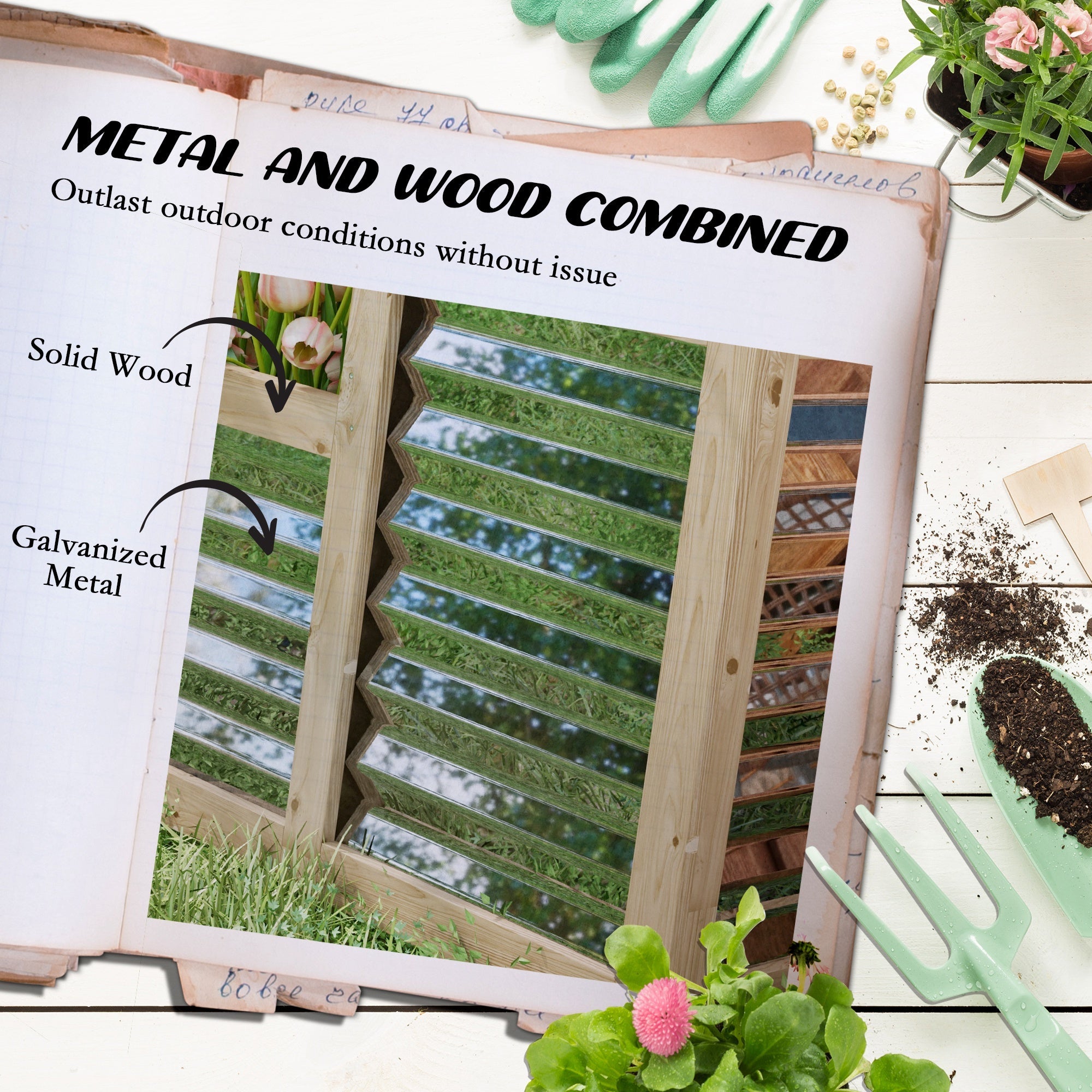Outsunny Metal Wood Planter Raised Garden Bed: For Outdoor Flowers, Herbs & Vegetable Gardening