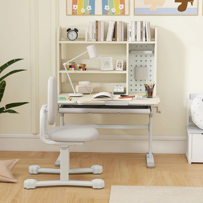 Qaba Kids Desk and Chair Set with Tilting Desktop, Adjustable Height, Drawer and Shelves for Boys Girls Ages 3-12, Grey