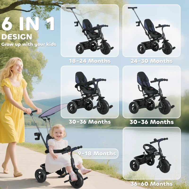 Qaba 6 in 1 Kids Tricycle with Removable Handlebar and Canopy, Navy Blue