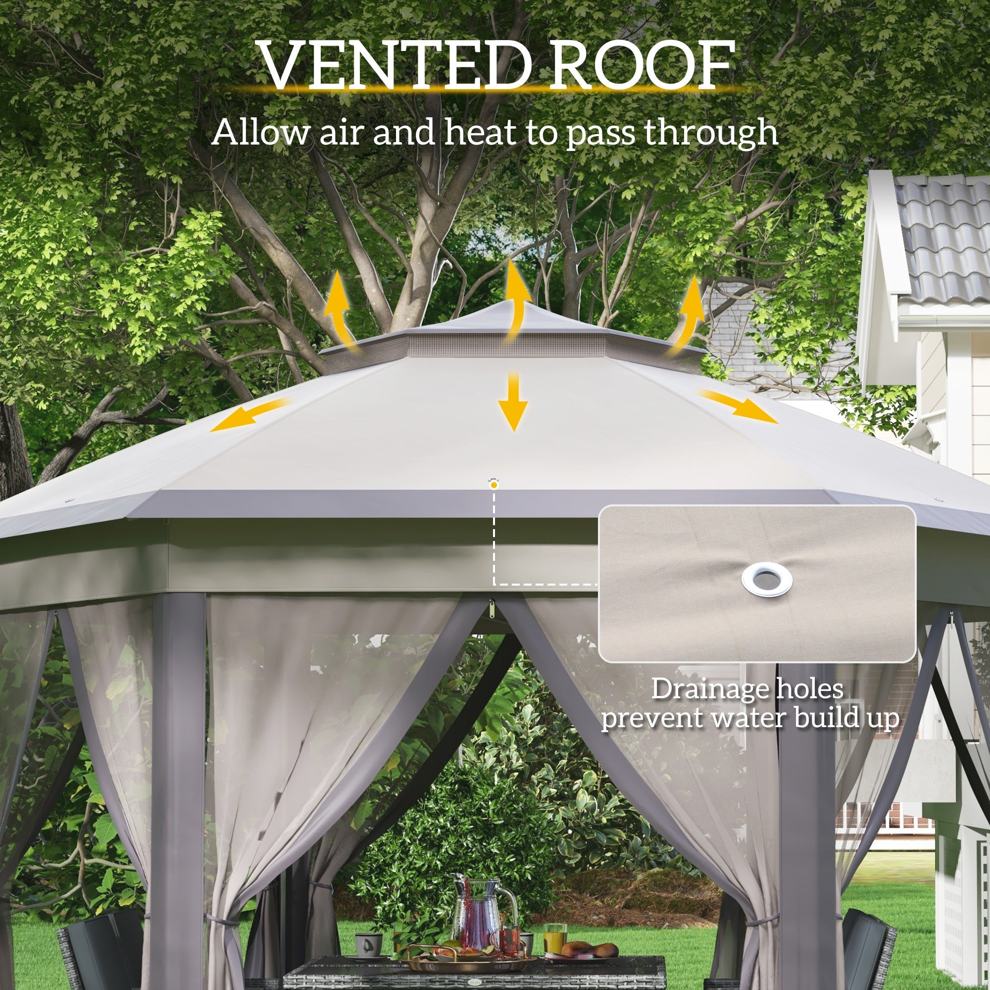 Outsunny Pop Up Patio Gazebo 13'x13', Double Roof Hexagon, Instant Outdoor Shelter with Netting, Coffee/Beige