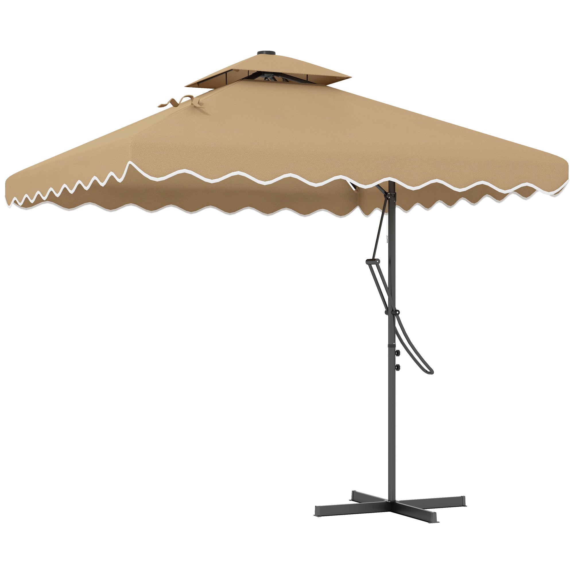 Outsunny 8x8ft Square Double Top Offset Umbrella: Solar LED Lights, Ruffles & Weights for Patio Use, Khaki