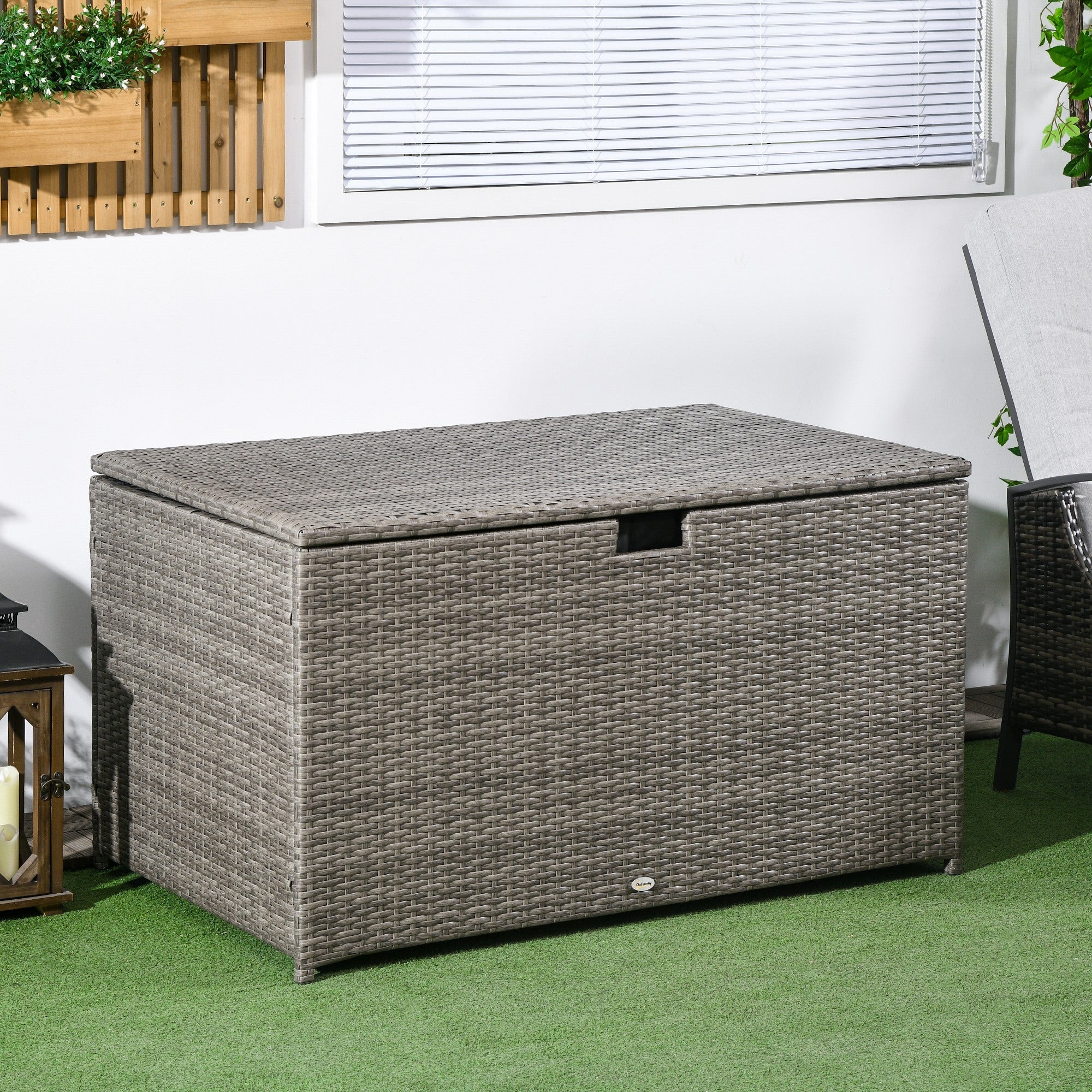 Outsunny 113 Gallon Outdoor Storage Box, Rattan Deck Box for Indoor, Patio Furniture Cushions, Mixed Grey