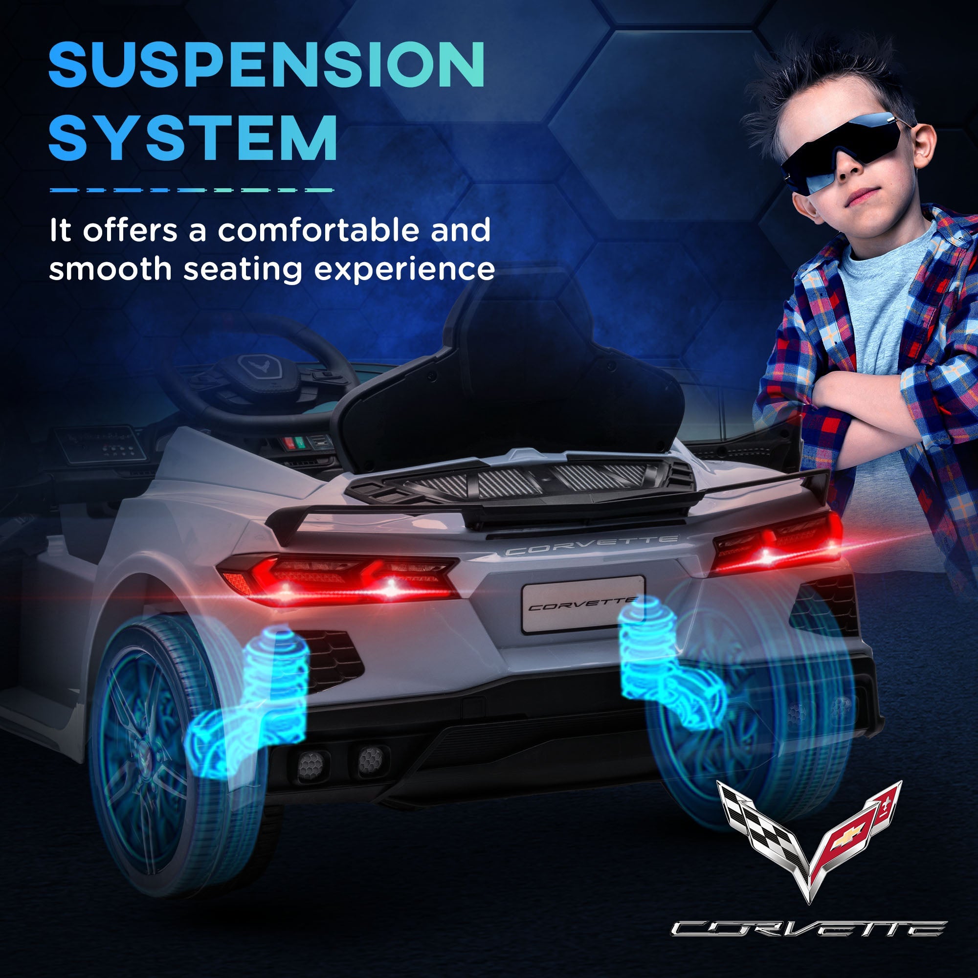 Qaba 12V Kids Electric Car Corvette Licensed Remote Control Suspension Music Headlight Slow Start Light Blue Ride On