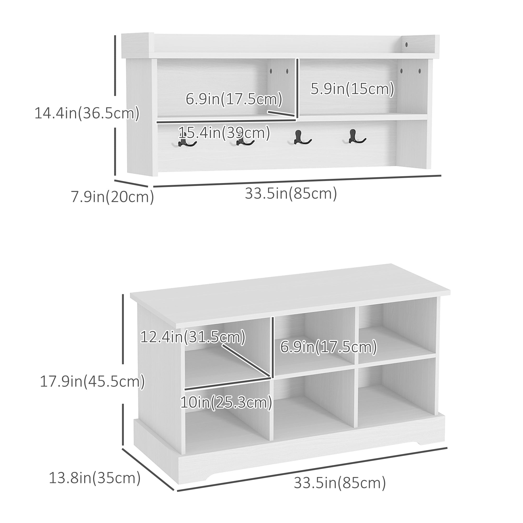 HOMCOM Coat Rack Shoe Bench Set Entryway 8 Cubbies 4 Hooks Hallway Living Room Bedroom White