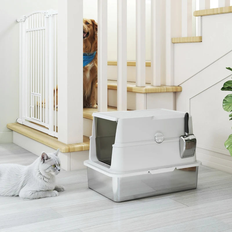 XL Stainless Steel Cat Litter Box for Big Cats with Flip Top, Scoop, Easy Clean & No Odors, Non-Sticky
