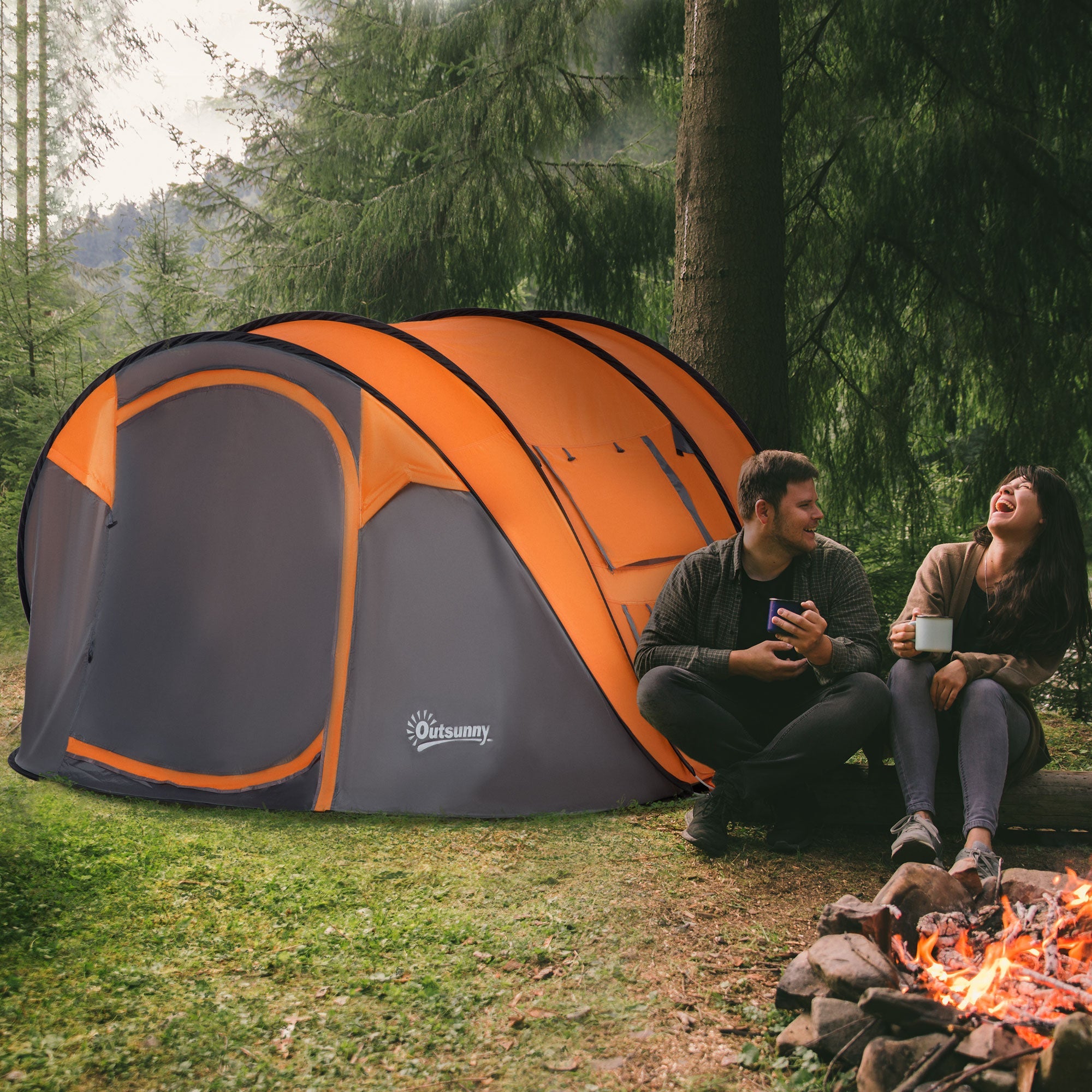Outsunny 5-Person Pop Up Camping Tent, Easy Setup, Orange, with Doors, Windows, Carry Bag