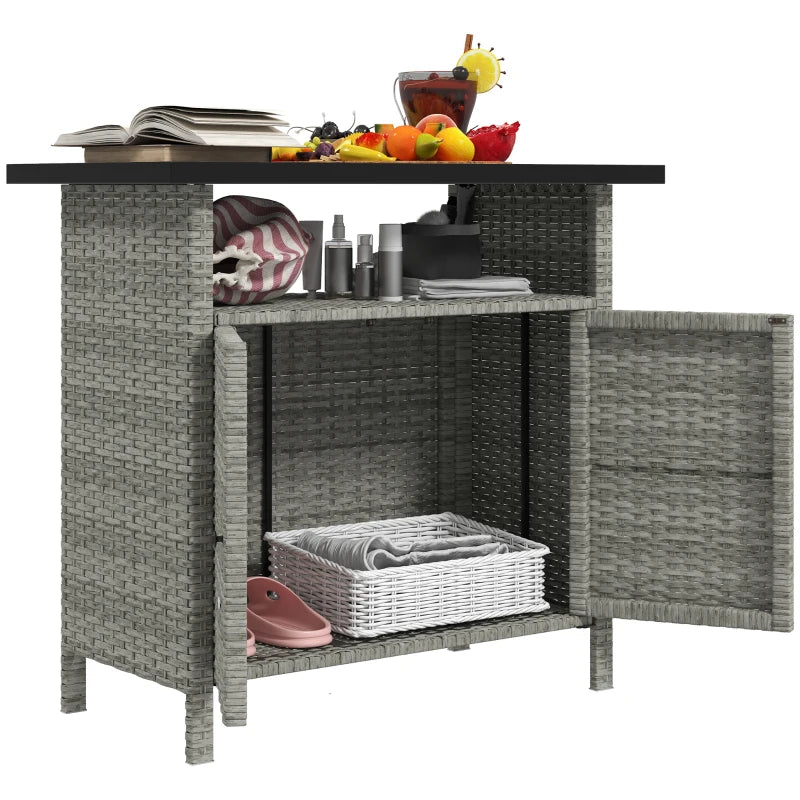 Wicker Outdoor Storage Cabinet with Two Doors and Shelf for Outdoor Pool Towel Storage, Grey