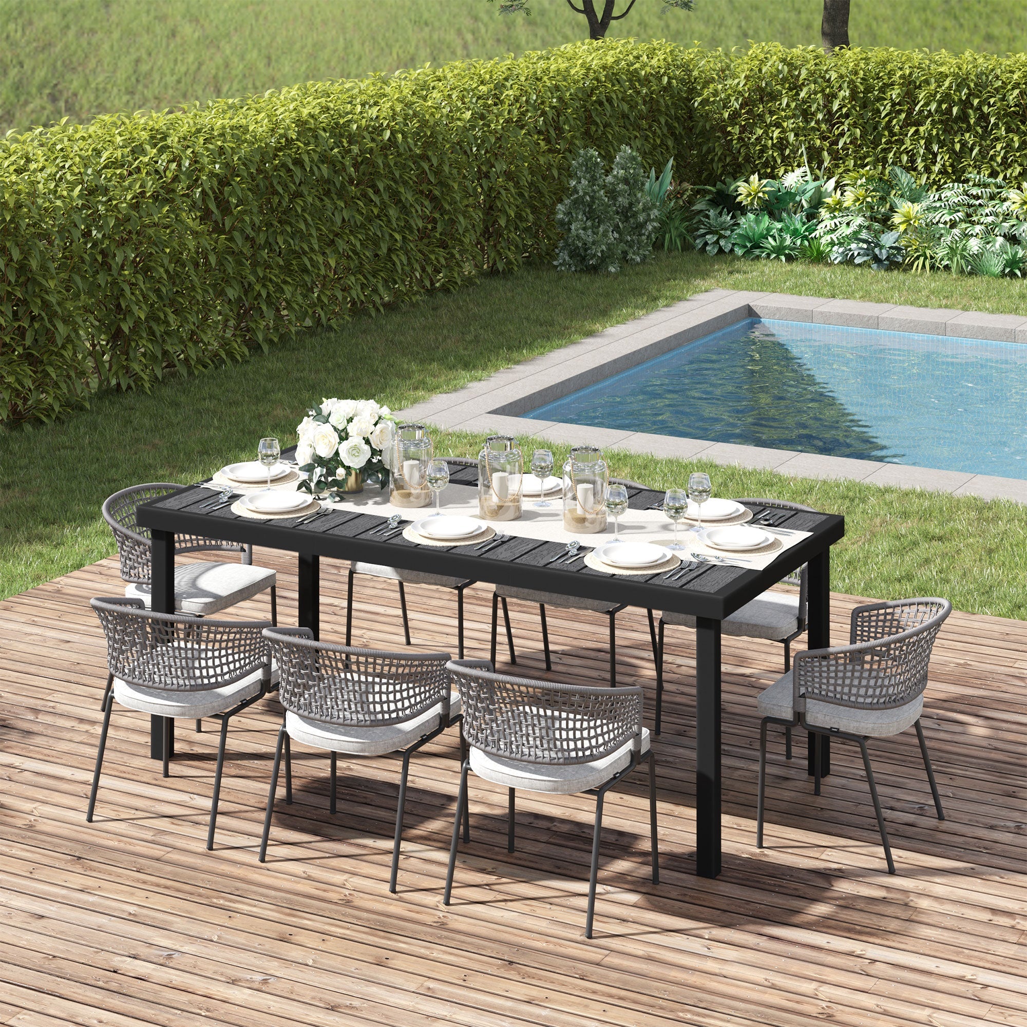 Outsunny Large Patio Table for 8 Outdoor Bistro Wood-like Rectangular Table Anti-slip Footpads Garden Black