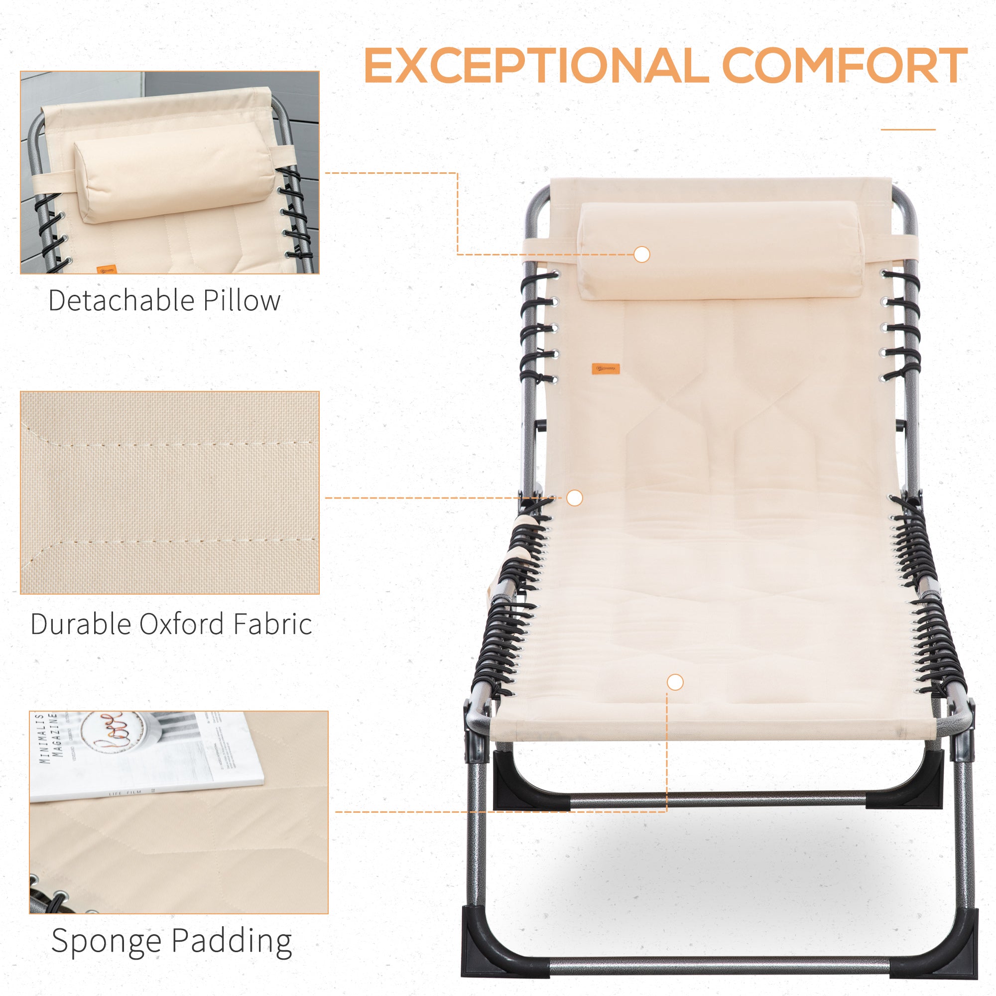 Outsunny Outdoor Folding Chaise Lounge Chair Padded Recliner 5-Position Adjustable Backrest Beige