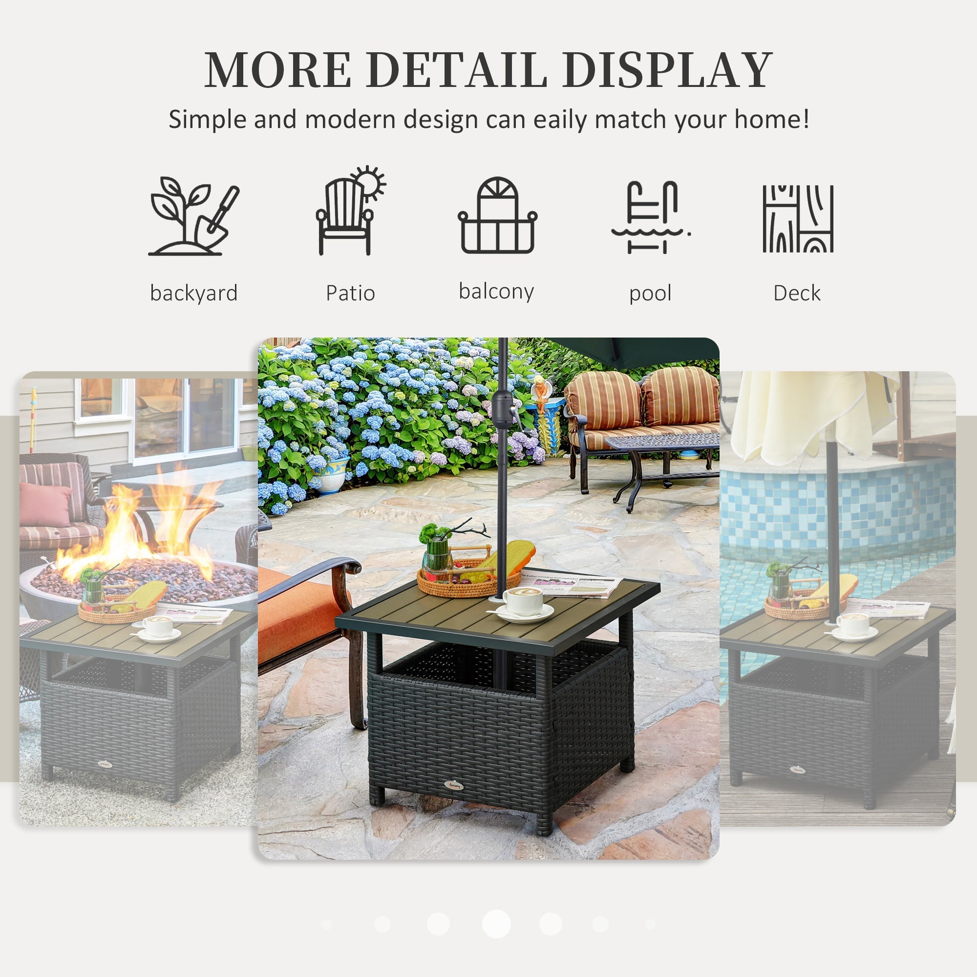 Outsunny 22" Square Steel PE Rattan Wicker Table With Umbrella Hole Patio Dining Side Table Used as Umbrella Stand Black