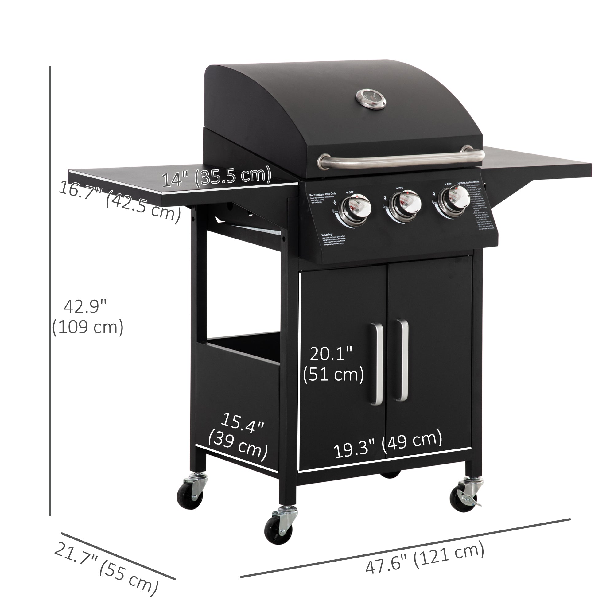 Outsunny Outdoor 3 Burner Gas Grill Portable Barbecue w/ Wheels, Warming Rack, Shelves, Cabinet, Thermometer, Black