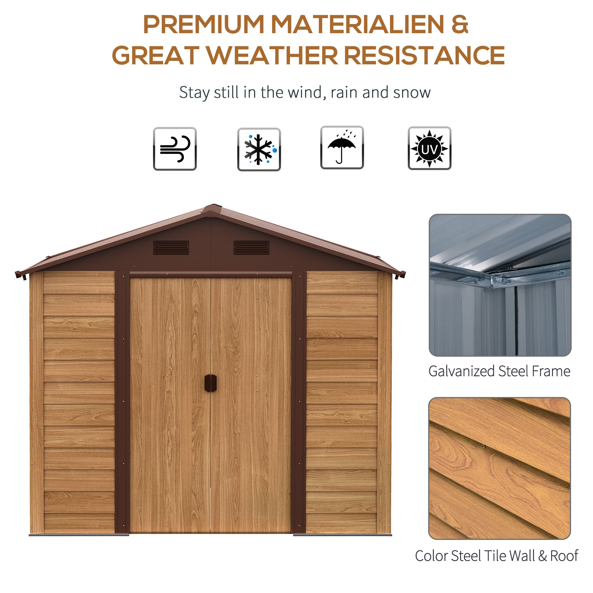 Outsunny 6.4' x 7.7' Outdoor Metal Garden Shed House Hut Gardening Tool Storage with Ventilation, Brown with Wood Grain