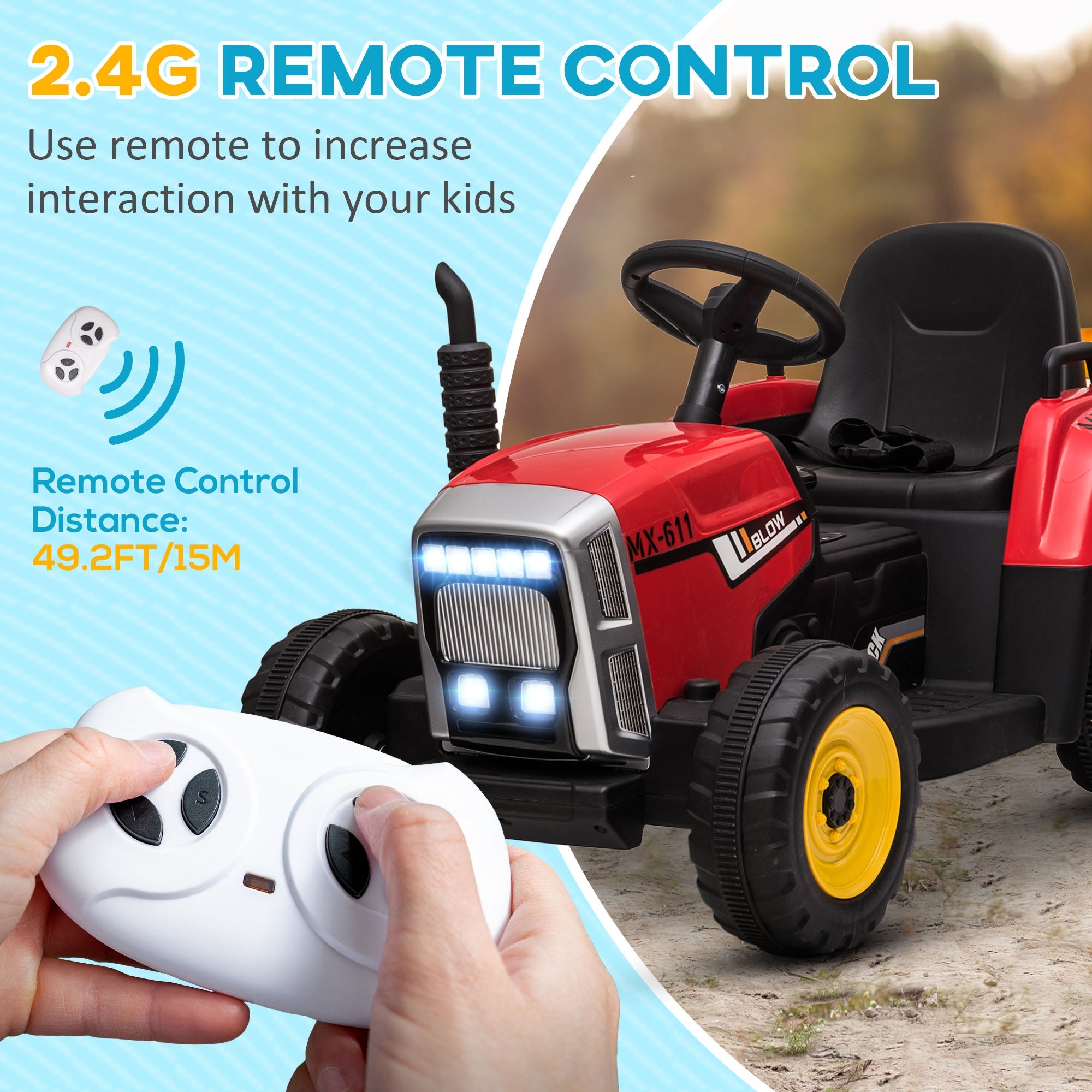 Aosom 12V Kids Ride-On Tractor with Trailer Remote Control Music Startup Sound Horn USB LED Lights Red