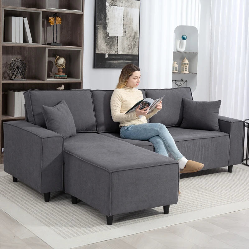 Corner Sofa with Changeable Chaise, Corduroy L-Shaped Sectional Sofa with Pocket Spring, 2 Pillows, Charcoal Grey