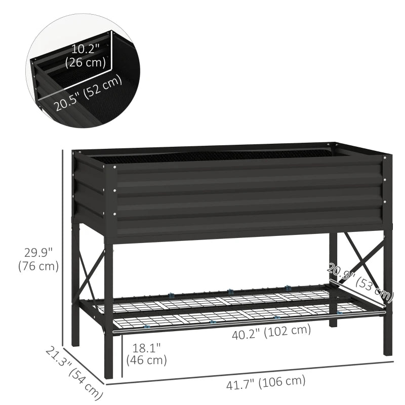 Galvanized Raised Garden Bed, Metal Planter Box with Bed Liner and Storage Shelf, for Vegetables Flowers Herbs, Black