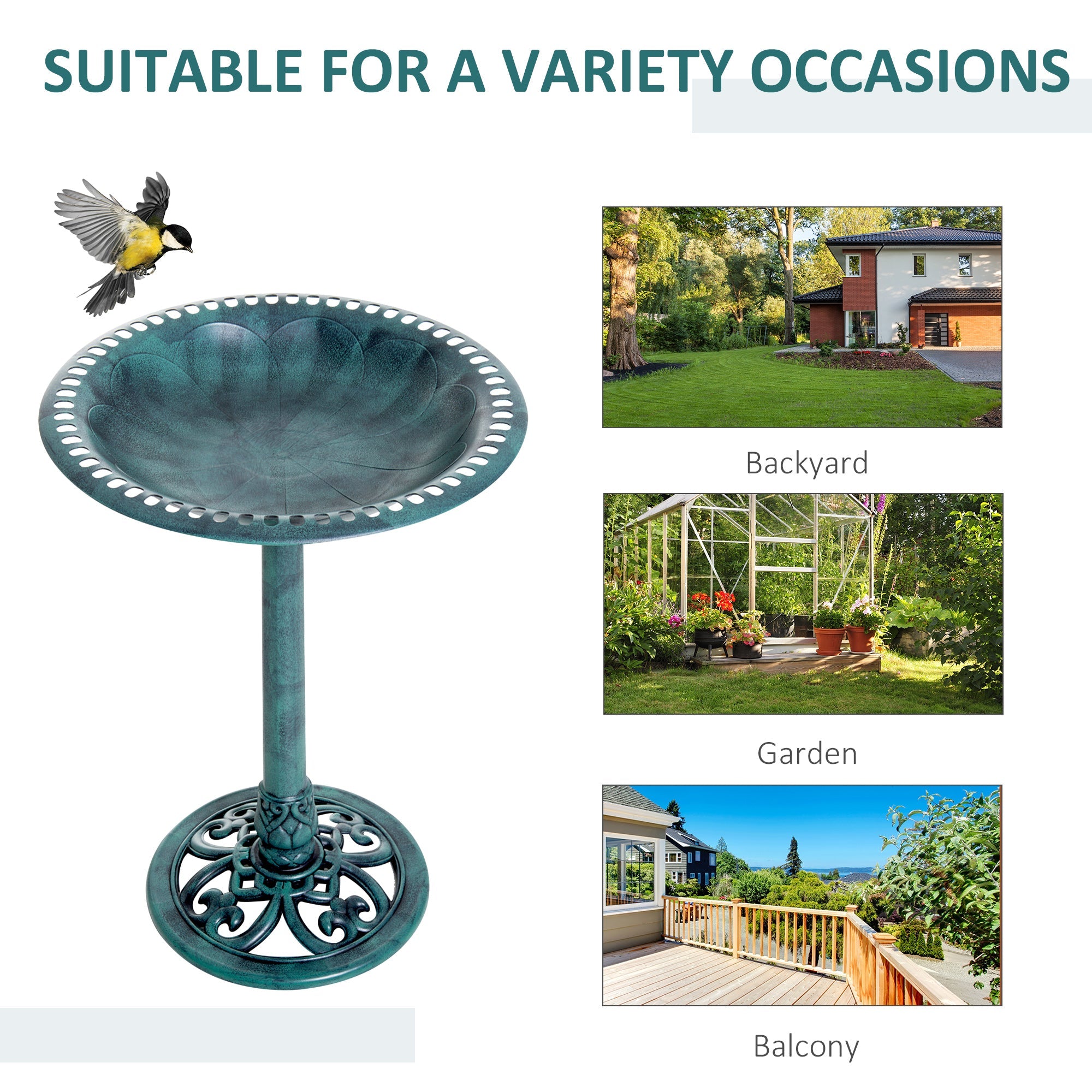 Outsunny 27'' Bird Bath with Fleur De Lis Design, Outdoor Resin Decor, Time-Worn Finish - Enhance Your Garden's Charm