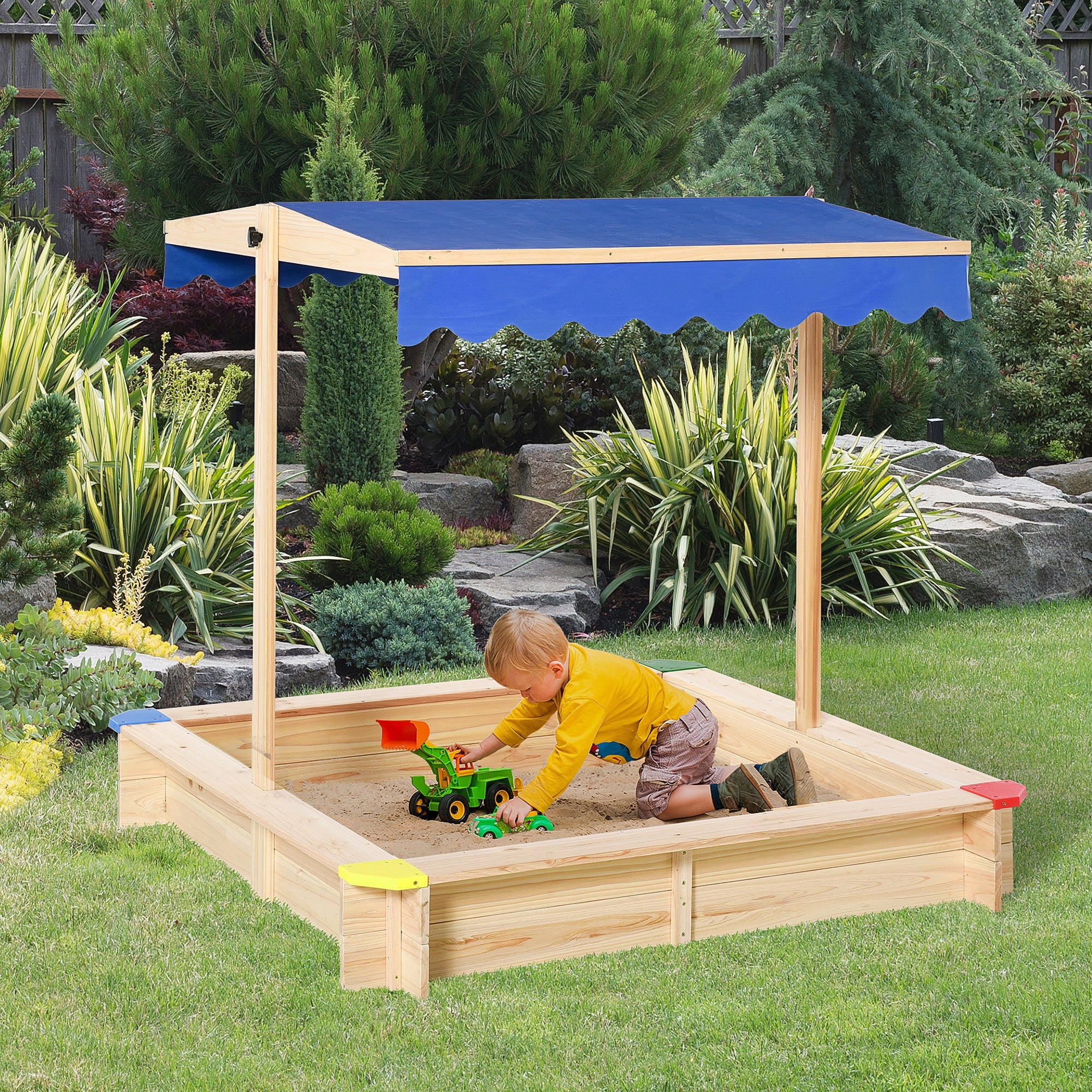 Outsunny Kids Wooden Sandbox, Play Station for Children Outdoor, with Adjustable Canopy Shade, Seats, for Backyard, Beach