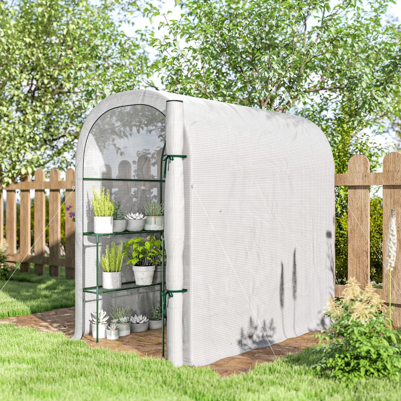 Walk-in Mini Greenhouse with Shelves, Portable Outdoor Greenhouse with Roll-up Door, 123 x 187 x 189 cm, White