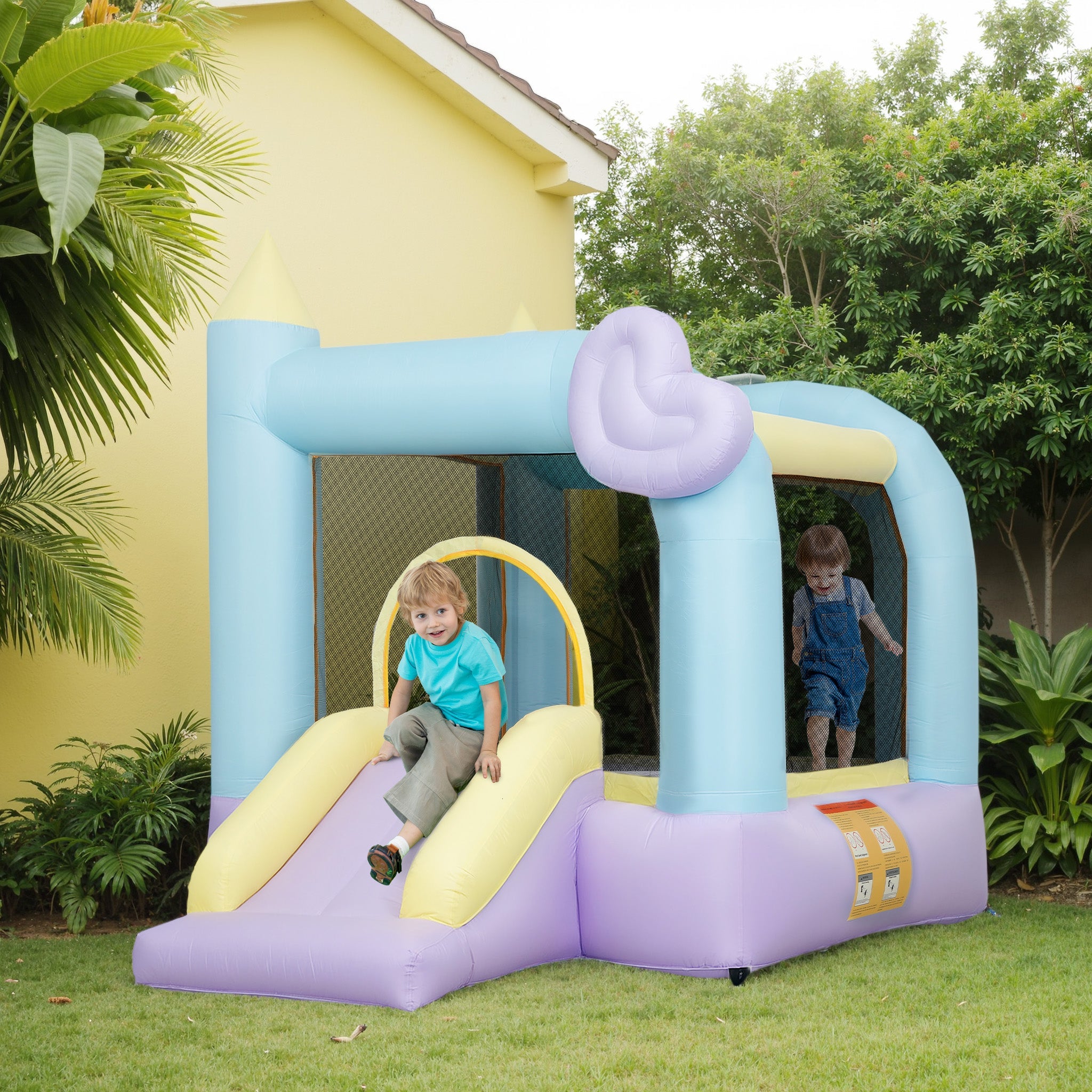 Qaba Inflatable Bounce House with Blower, Slide, Outdoor & Indoor Bouncy Castle for Kids Ages 3-8, 98" x 65" x 79"