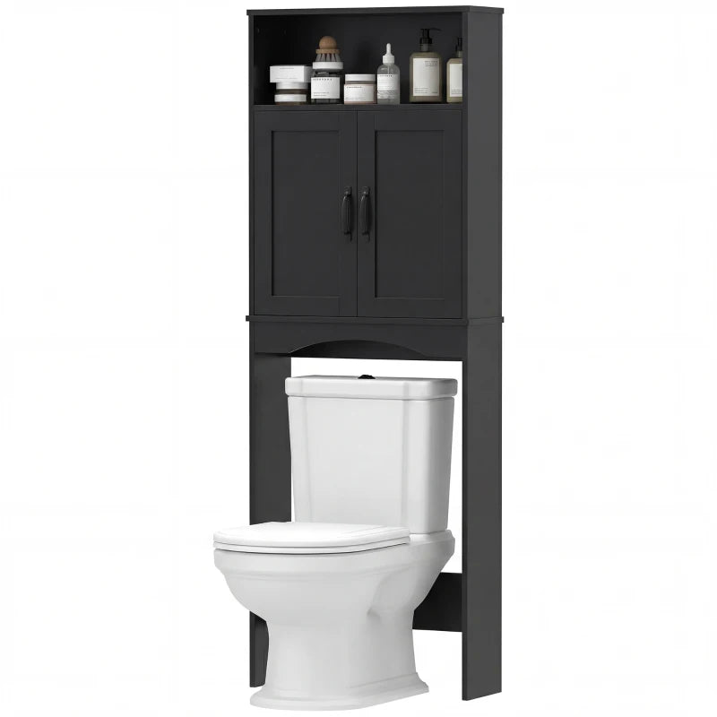 Over the Toilet Storage Cabinet Freestanding Bathroom Organizer with 2 Doors and Open Shelf Black