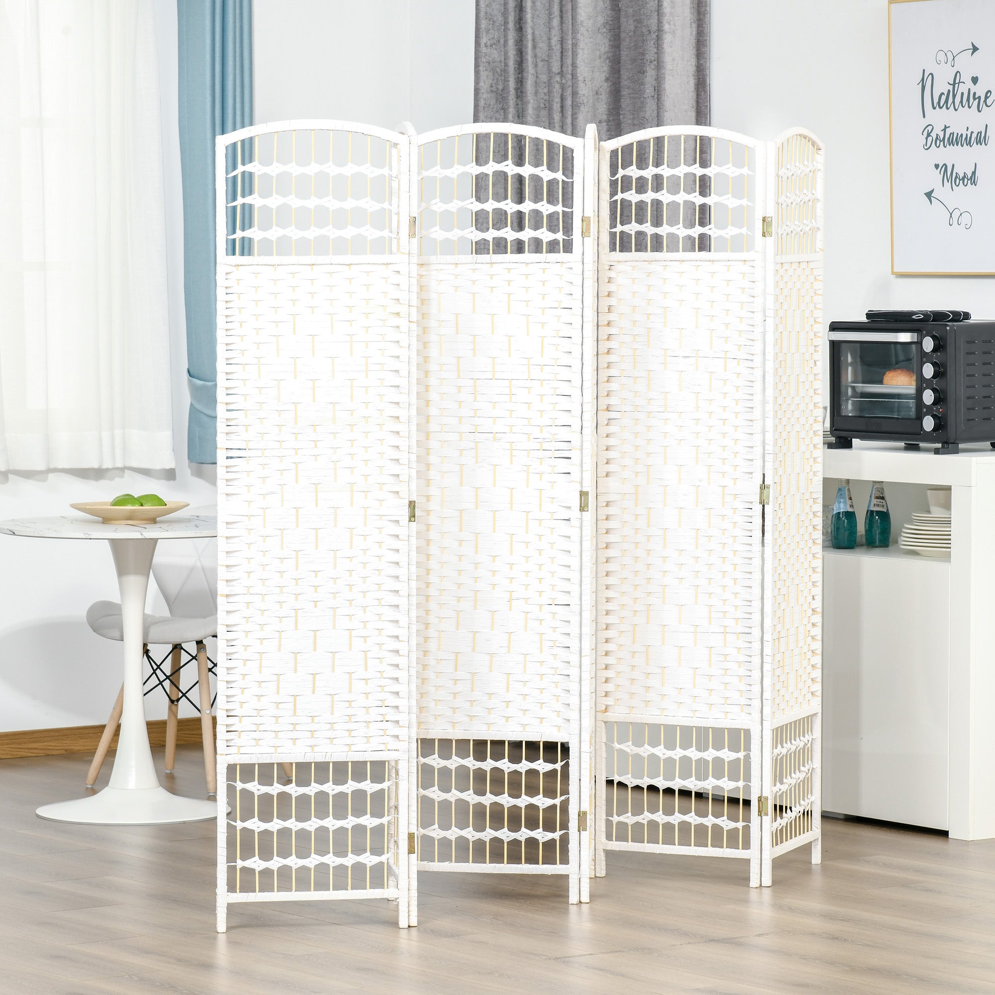 HOMCOM Woven Wonderland: 6-Panel 5.6FT Tall Freestanding Folding Screen, Woven Fiber Room Divider for Living Room, Bedroom, White