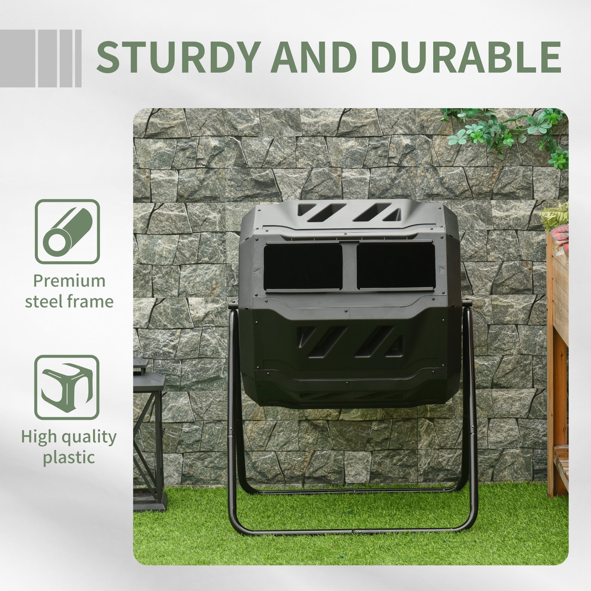 Outsunny Dual Chamber Tumbling Composter 360° Rotating 43 Gallon Outdoor Compost Bin w Sliding Doors Steel Frame Black
