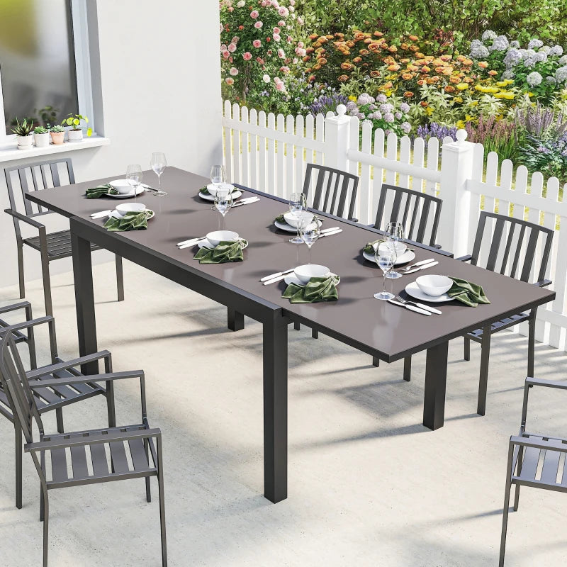 Expandable Outdoor Dining Table, 55"-95" Patio Table with Tempered Glass Top and Aluminum Frame, Black