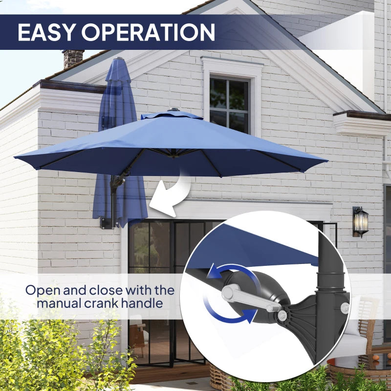 9.6 x 9.6 ft Wall Mounted Umbrella with Rotate, Patio Market Umbrella Parasol for Outdoor with Crank, Dark Blue