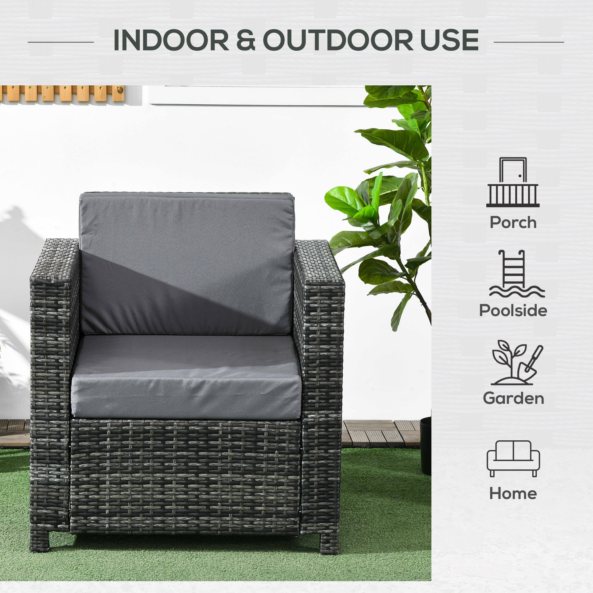 Outsunny Outdoor Rattan Sofa, Patio Wicker Armchair with Cushions for Garden, Balcony, Porch, Grey