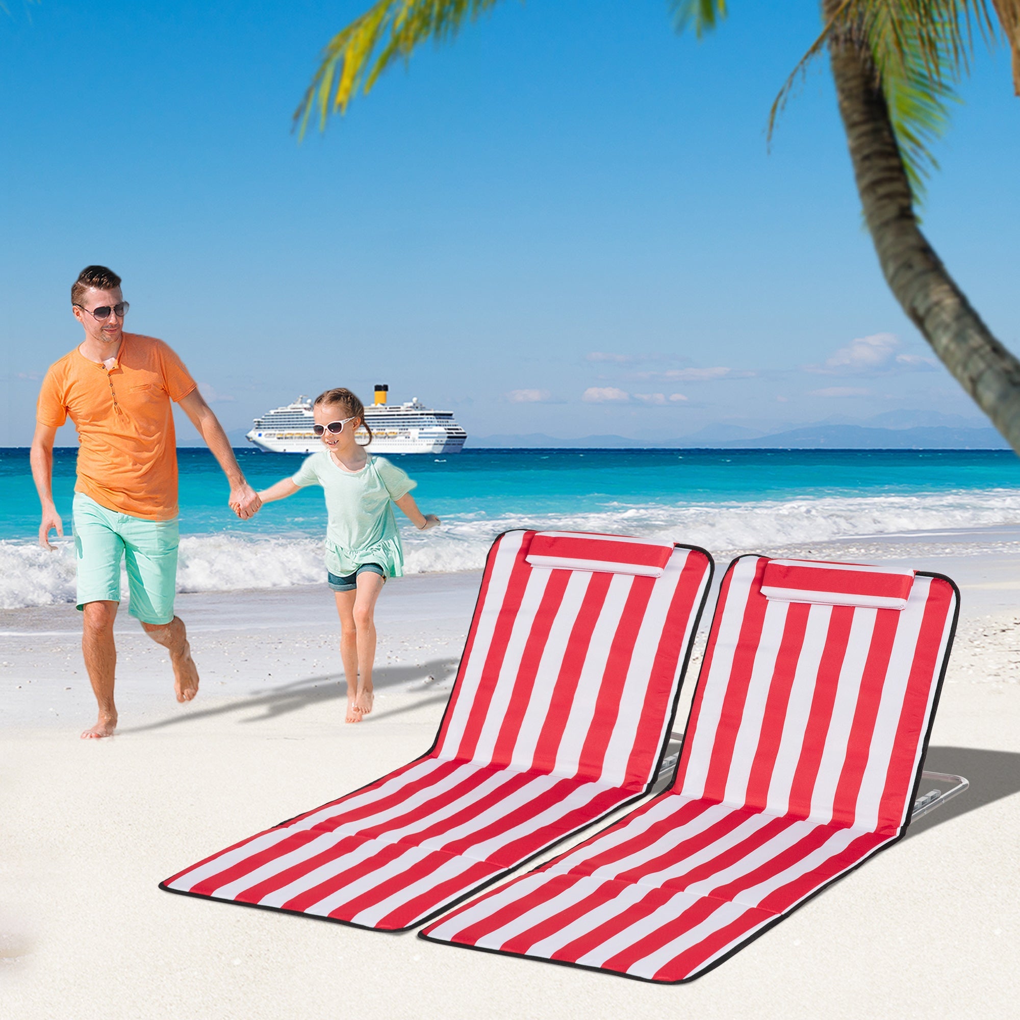 Outsunny Beach Mat Set of 2 Padded Folding Red White Adjustable Back Steel Frame Head Pillow