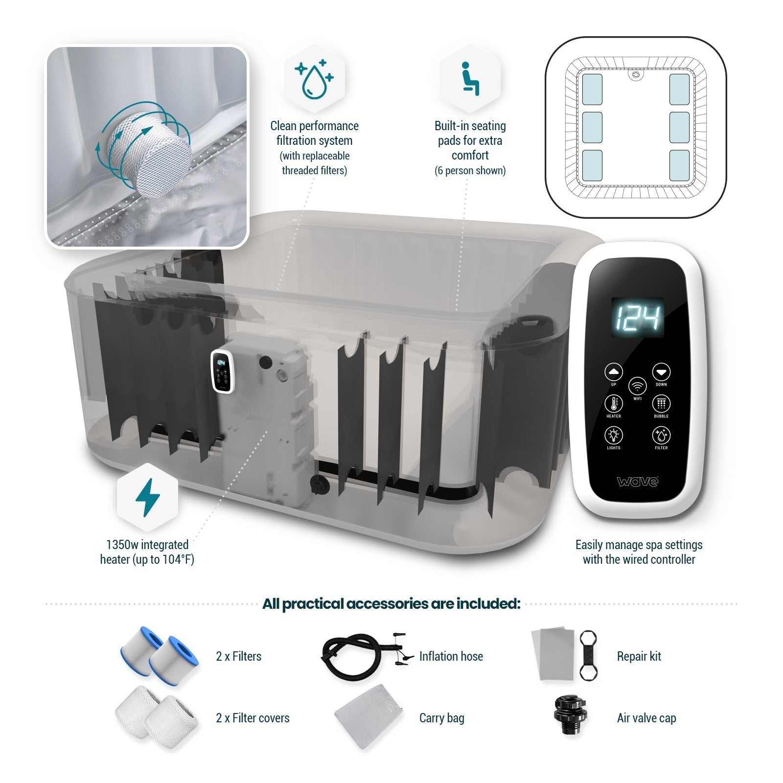 Pacific | 4/6-Person Inflatable Hot Tub | Square | Integrated Heater
