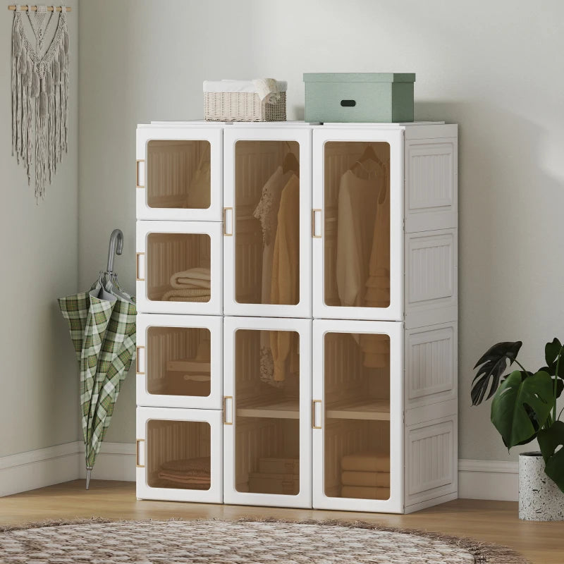 Portable Wardrobe, Foldable Plastic Closet with 8 Compartments, 2 Hanging Rods and Magnetic Clear Doors, Brown