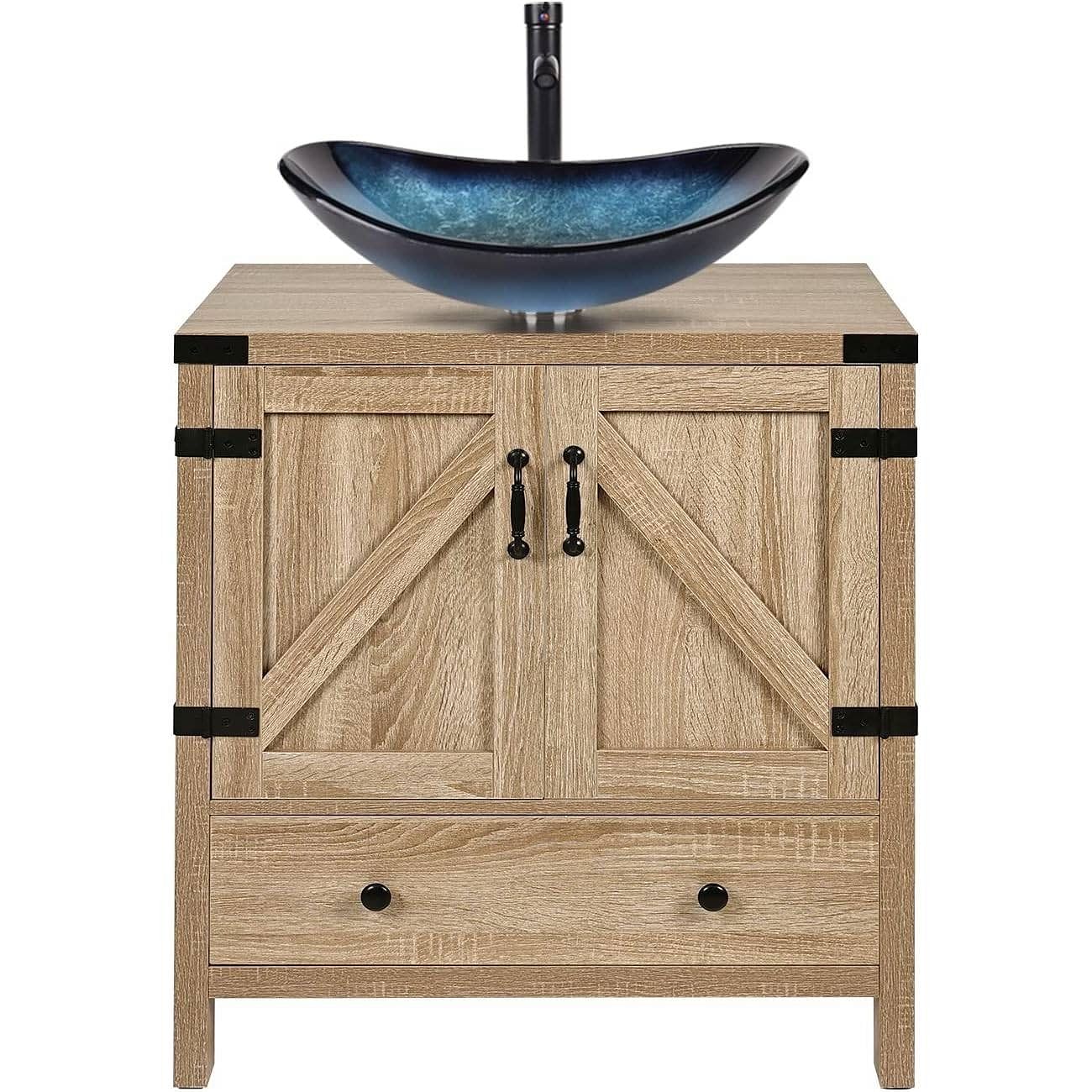 Farmhouse Wood Finish Bathroom Vanity w/ Blue Glass Sink Black Faucet and Drain - Free Shipping